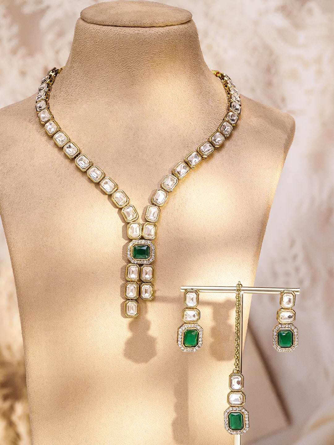 White & Green Kundan Necklace Set フリーサイズ