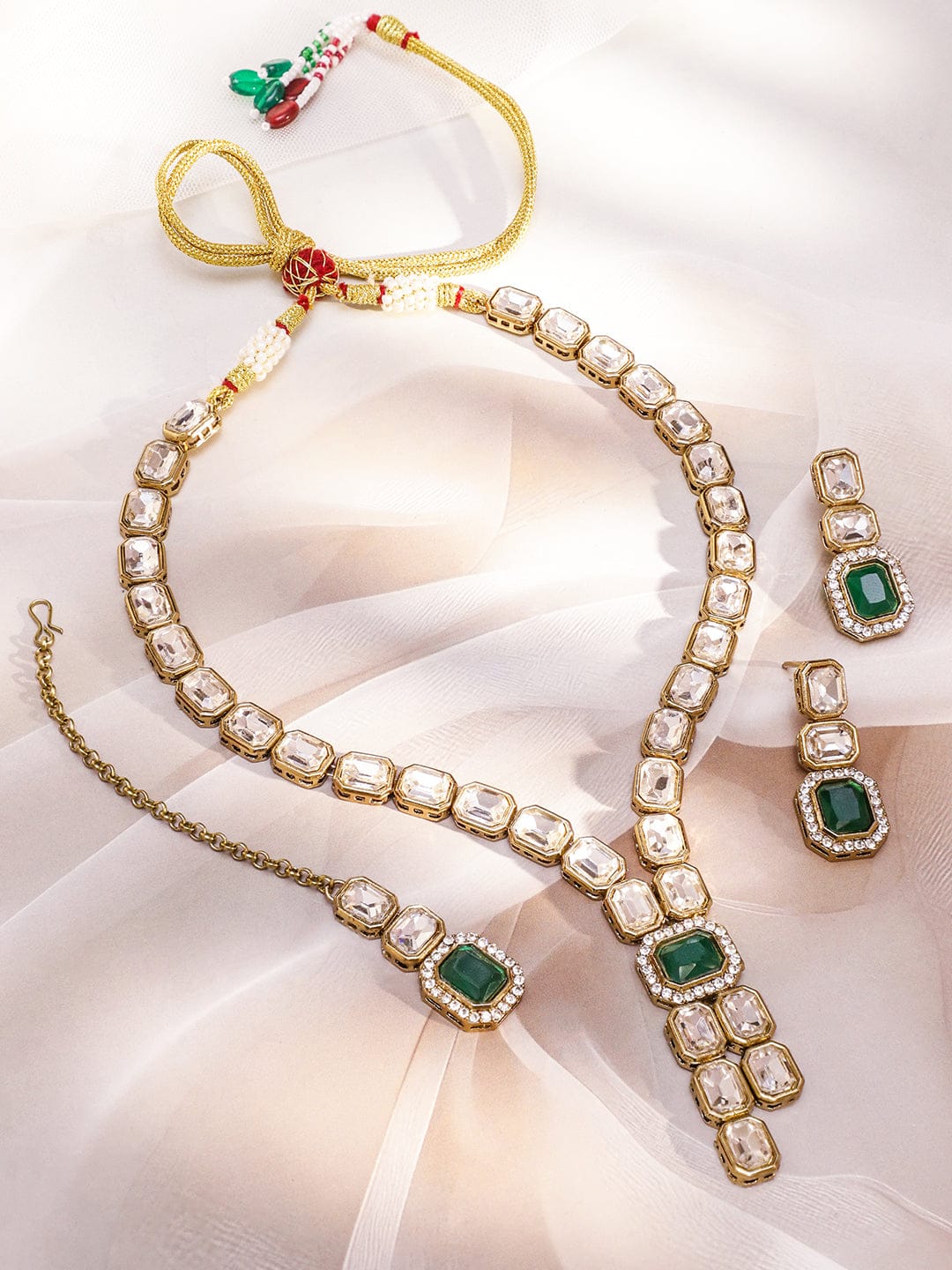 White & Green Kundan Necklace Set フリーサイズ