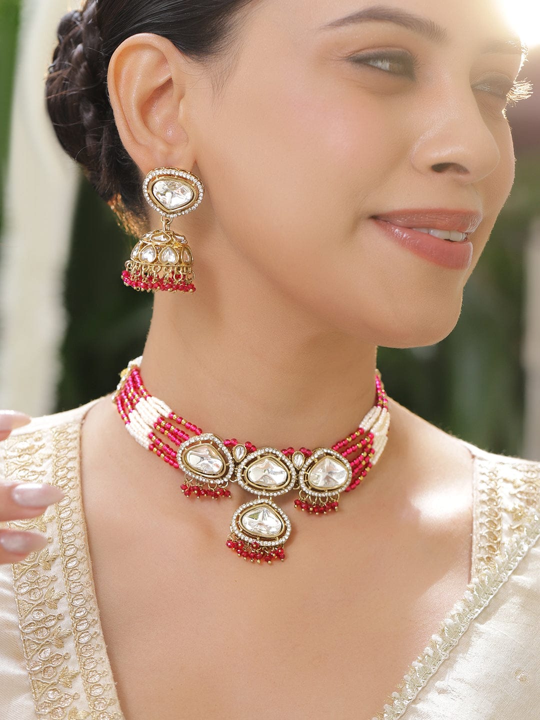 Pink & Ivory Romance Kundan Necklace Set フリーサイズ