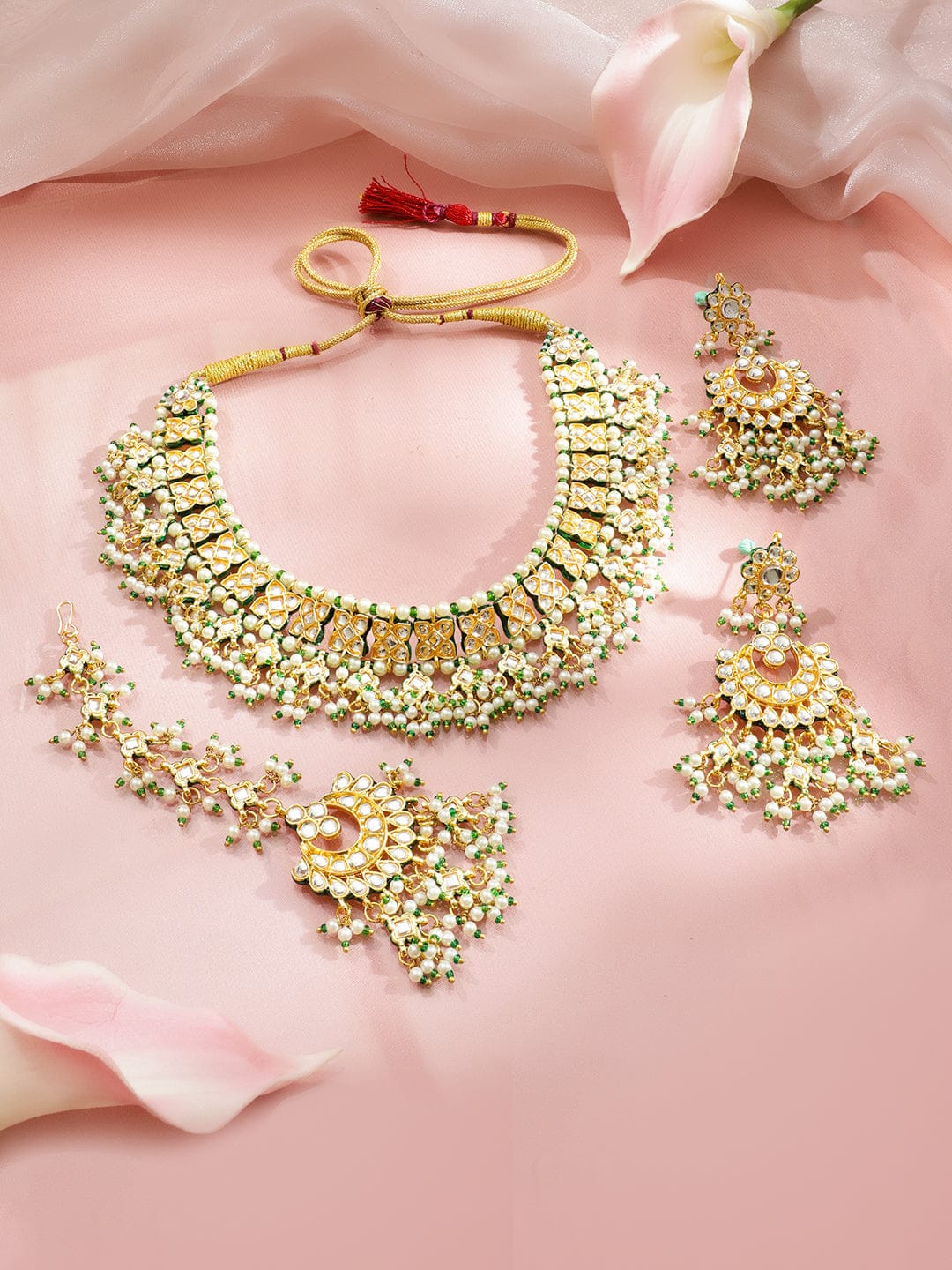 Royal Green Glow Kundan Necklace Set フリーサイズ