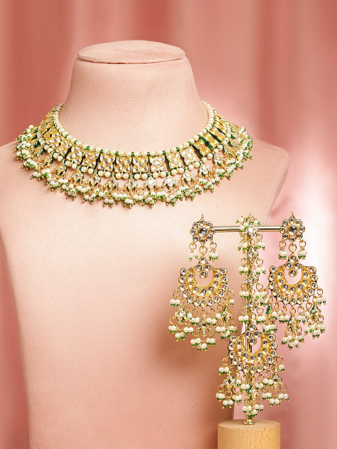 Royal Green Glow Kundan Necklace Set フリーサイズ