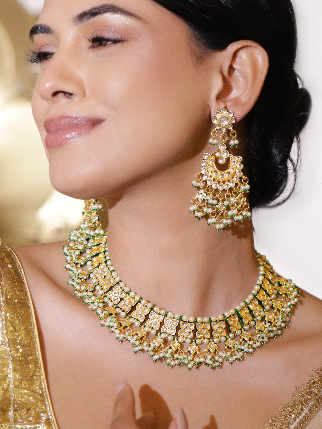 Royal Green Glow Kundan Necklace Set フリーサイズ