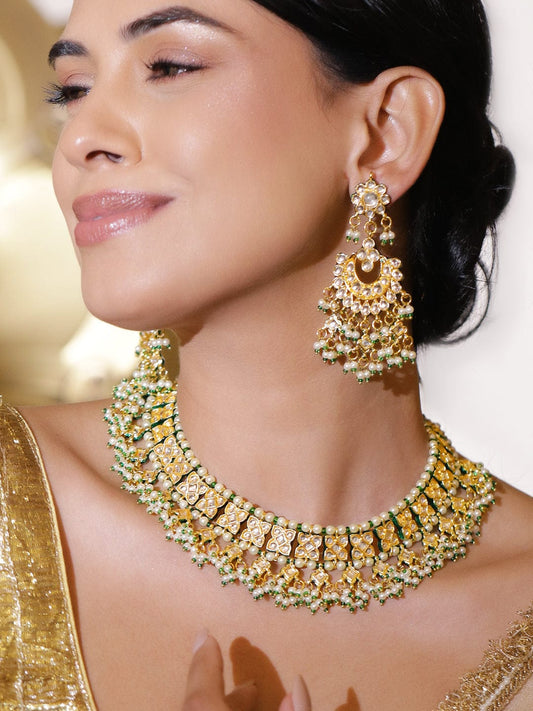 Royal Green Glow Kundan Necklace Set フリーサイズ