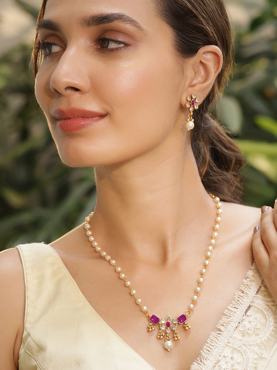 Chic Pearl Beaded Purple Kundan Necklace Set Ruby Pink