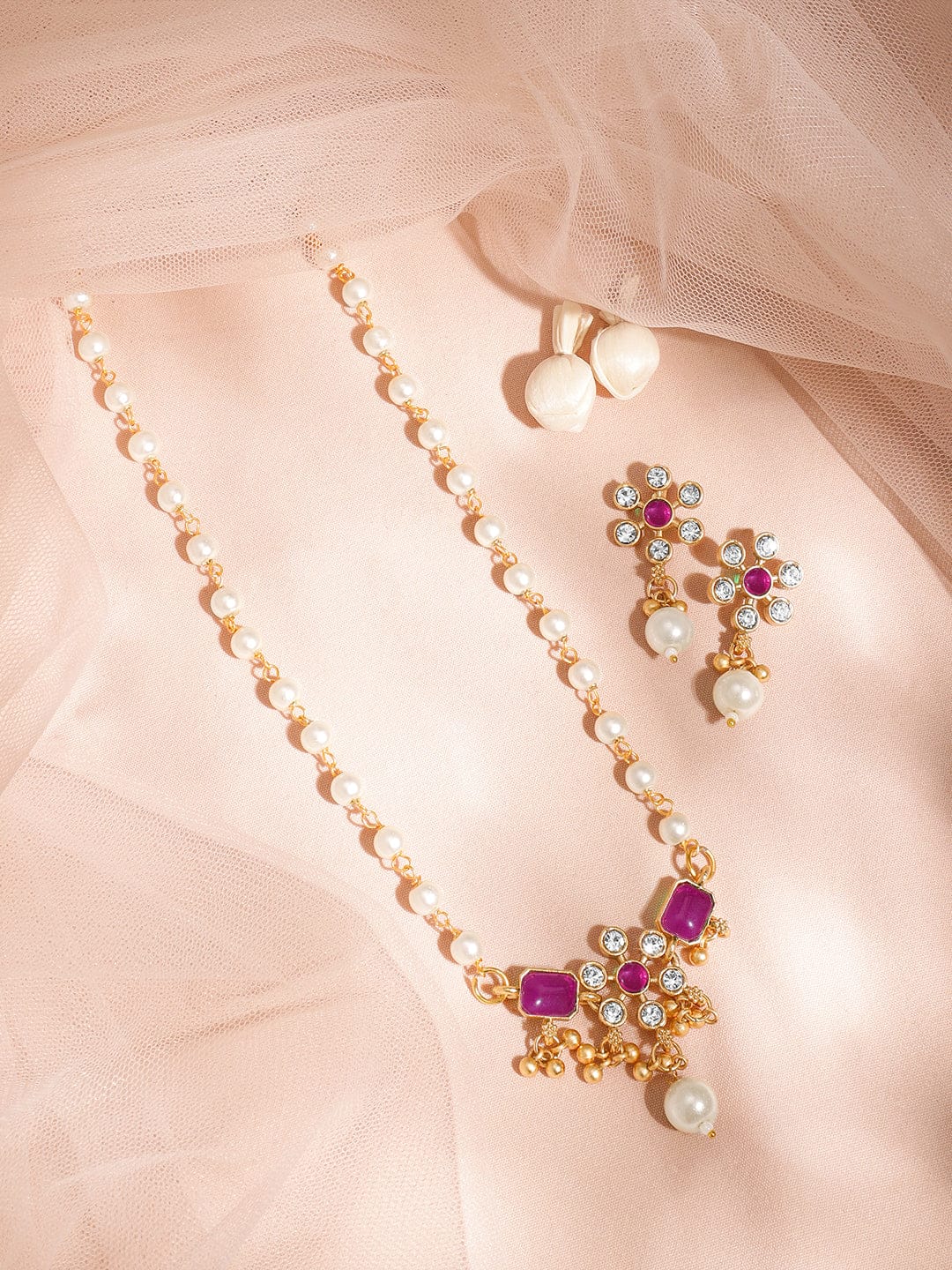 Chic Pearl Beaded Purple Kundan Necklace Set Ruby Pink