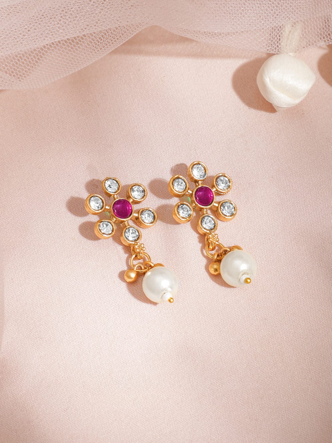 Chic Pearl Beaded Purple Kundan Necklace Set Ruby Pink