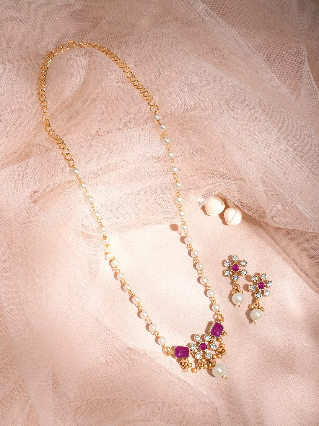 Chic Pearl Beaded Purple Kundan Necklace Set Ruby Pink