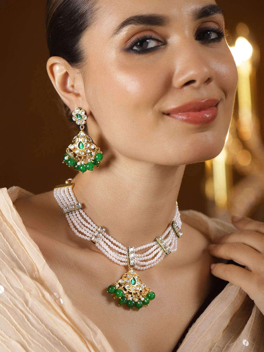 Handcrafted Green Beaded Necklace Set Emerald Green