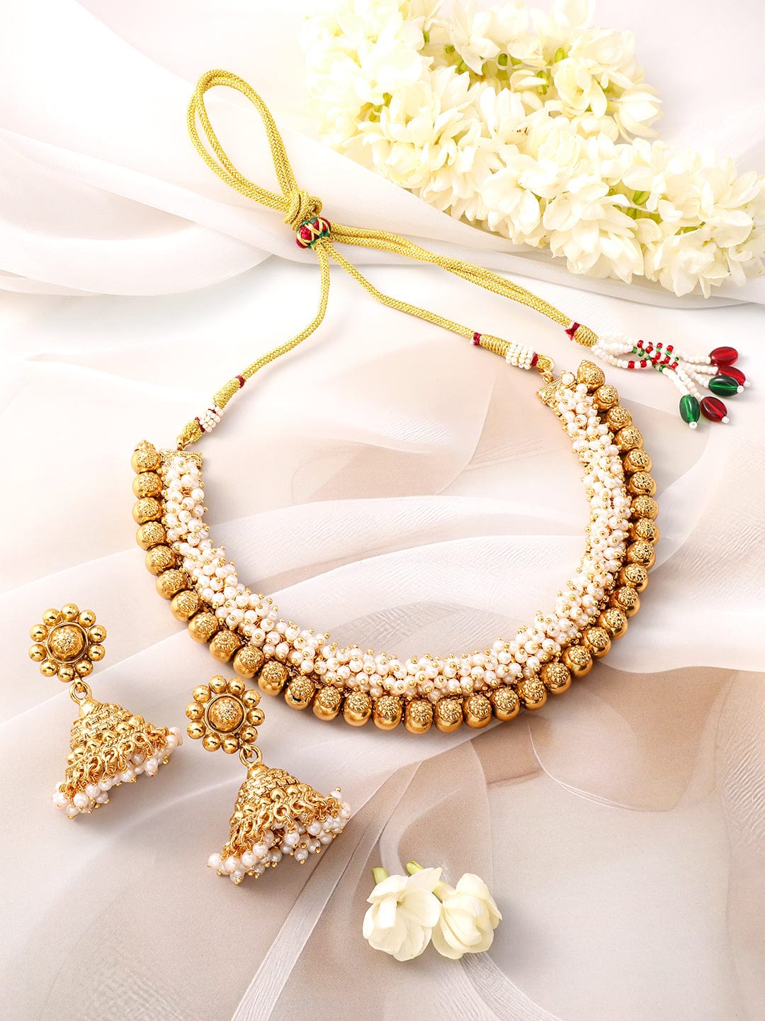 Gold Necklace Set With Pearl Work Gold
