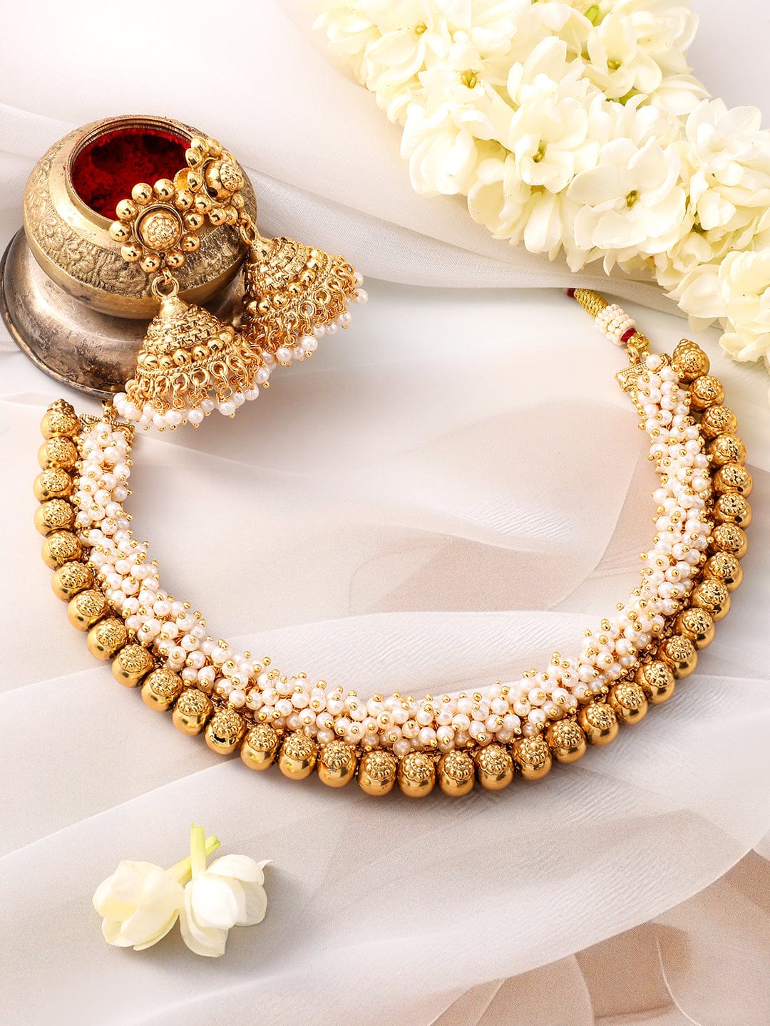 Gold Necklace Set With Pearl Work Gold