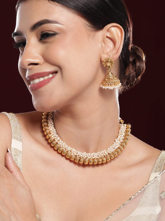 Gold Necklace Set With Pearl Work Gold