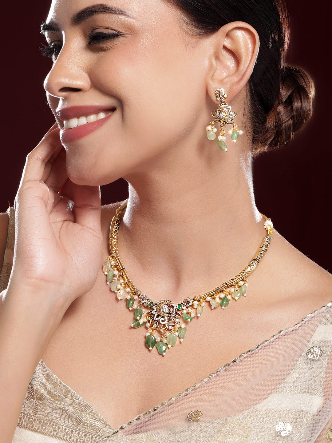 American Diamond Zirconia Green Beads Necklace Set フリーサイズ