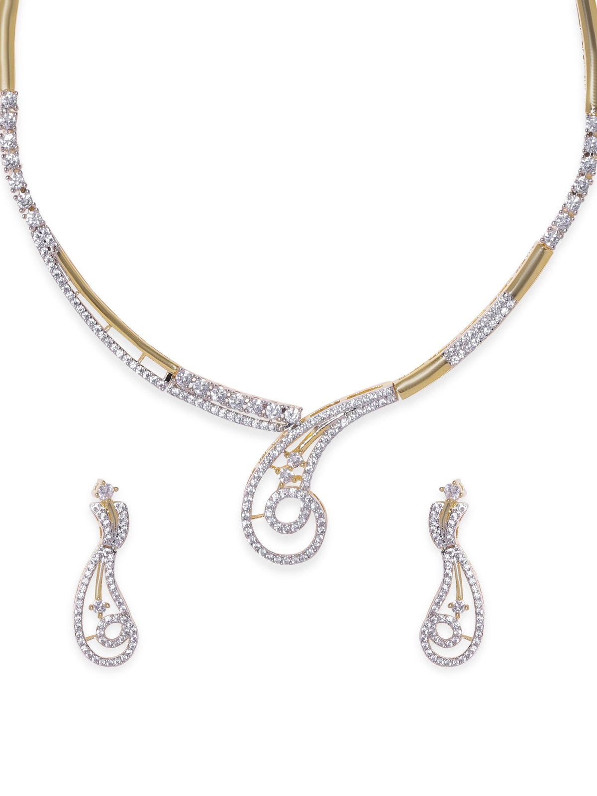 American Diamond Zirconia Crystal Necklace Set Gold