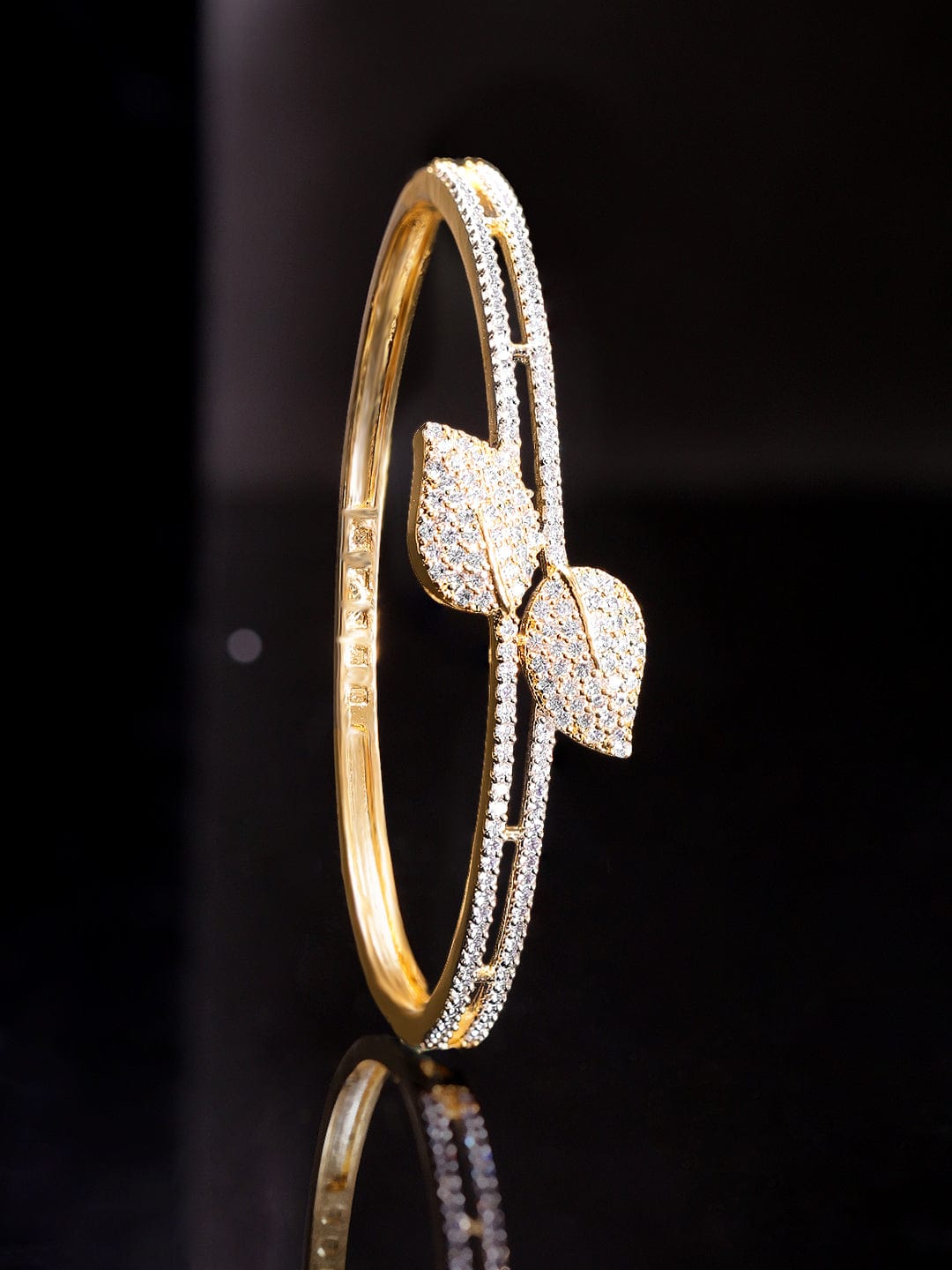 Rubans 22K Gold Plated Zirconia Leaf Motif Sleek Bracelet Gold