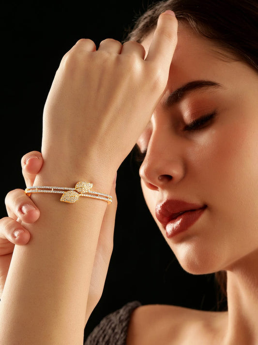 Rubans 22K Gold Plated Zirconia Leaf Motif Sleek Bracelet Gold