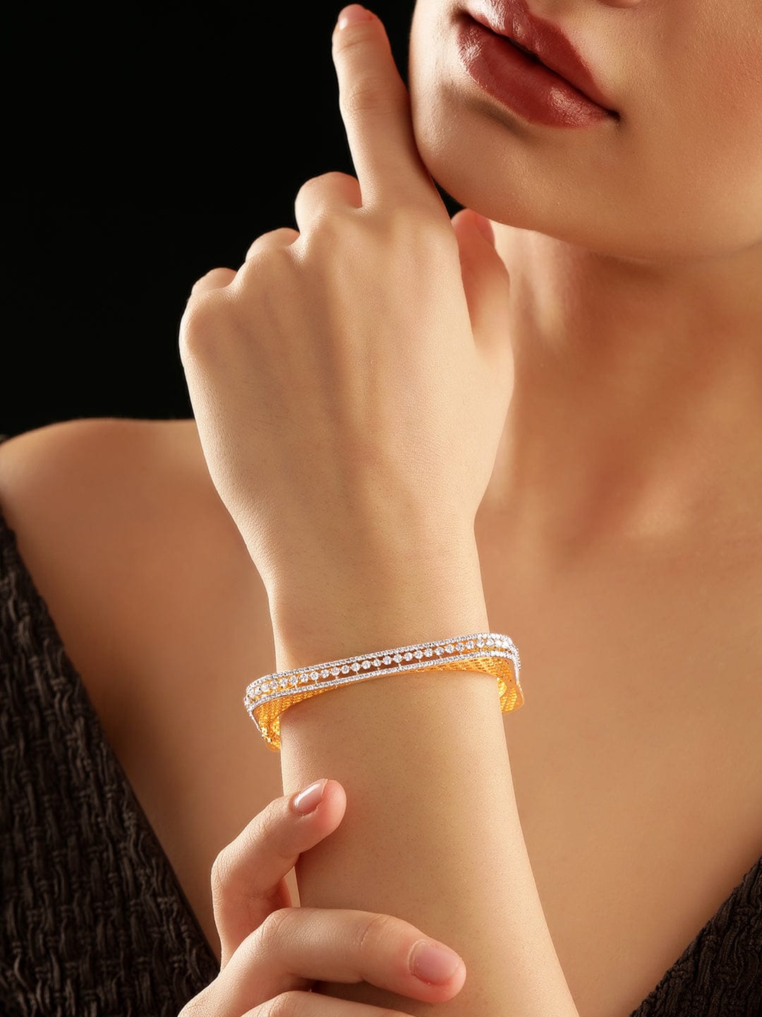 Rubans 22K Gold Plated Cubic Zirconia Studded Elegant  Bangle-Style Bracelet Gold::Silver