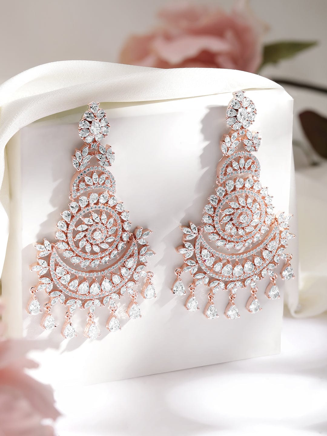 Timeless American Diamond Zirconia White Chandelier Earrings Rose Gold