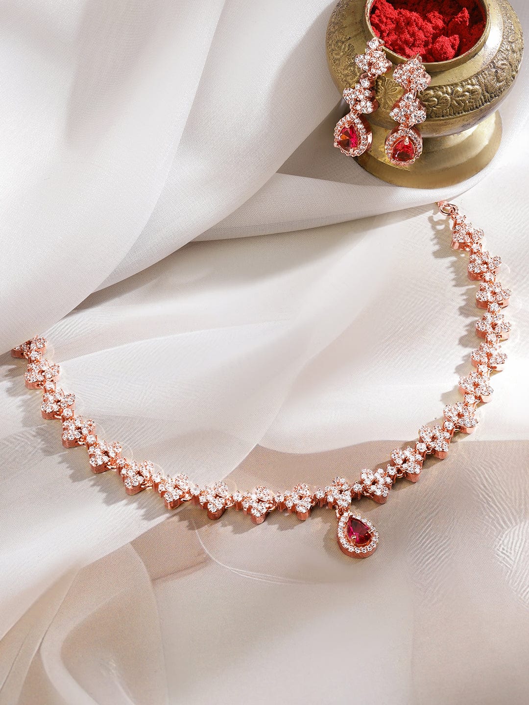 Rubans 22K Rose Gold-Plated Ruby Pink & White Cubic Zirconia Studded Necklace Set with Earrings Rose Gold