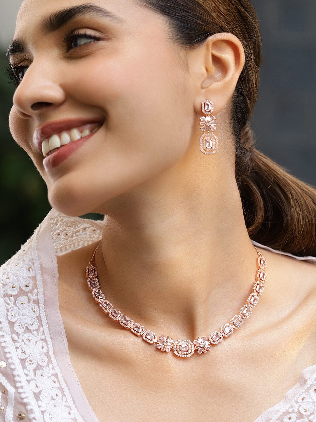 American Diamond Zirconia Rose Gold Necklace Set Rose gold