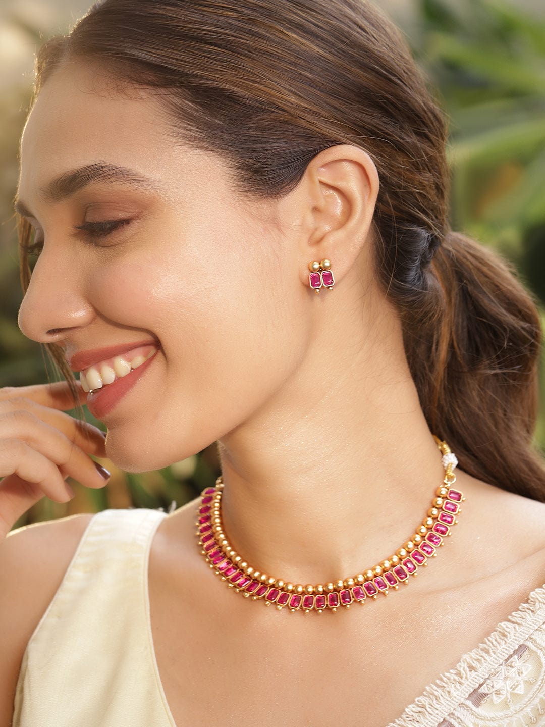 Ruby Studded Short Necklace Set Gold