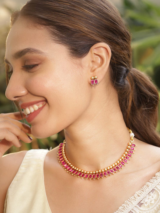 Ruby Studded Short Necklace Set Gold