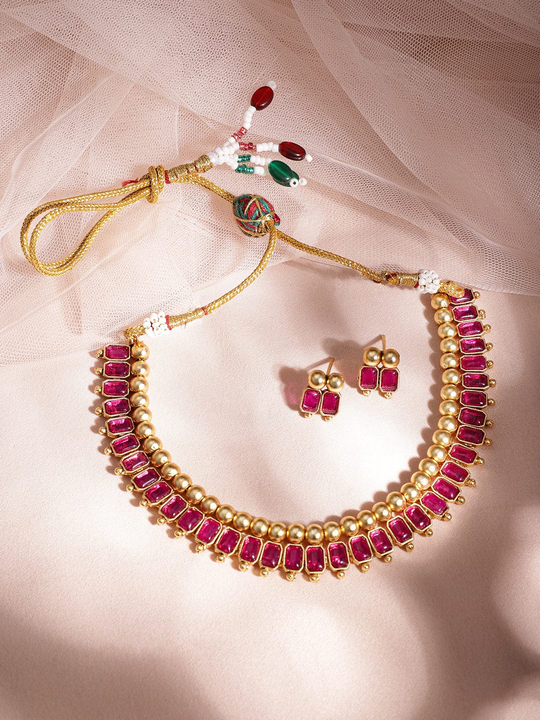 Ruby Studded Short Necklace Set Gold