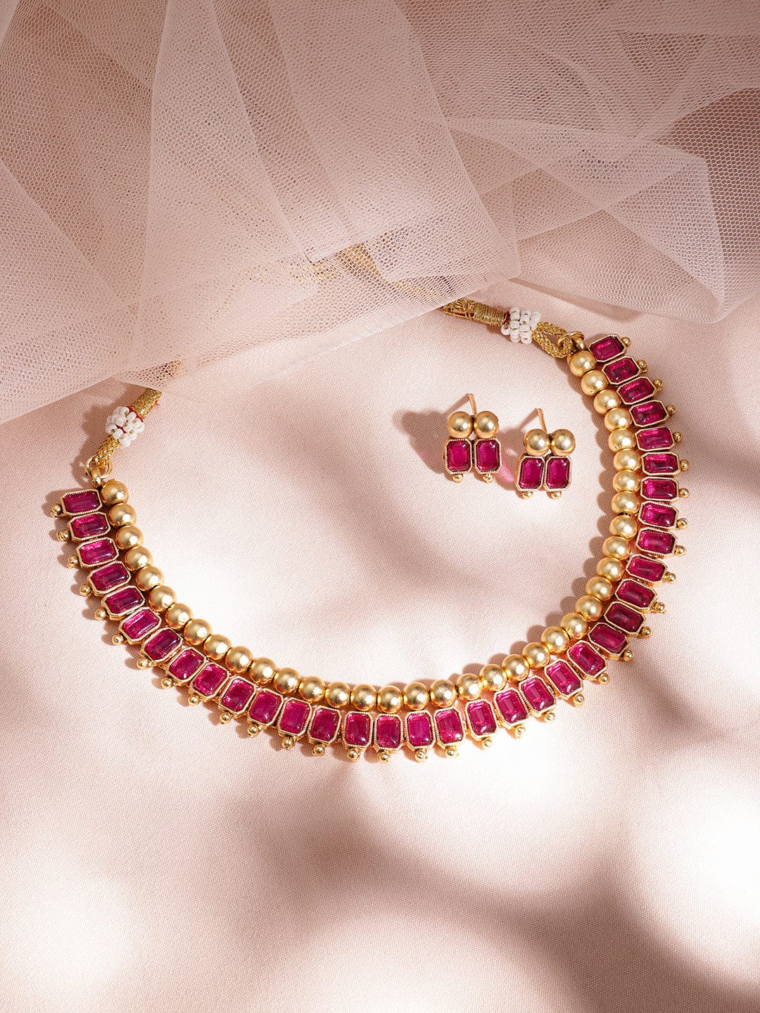 Ruby Studded Short Necklace Set Gold