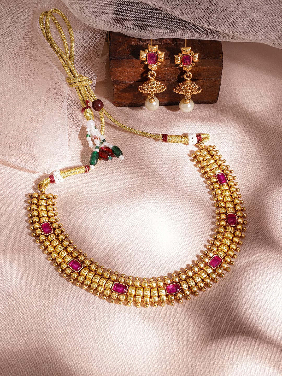 Ruby Studded Golden Necklace Set Gold