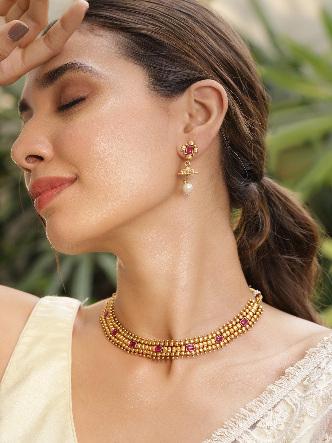 Ruby Studded Golden Necklace Set Gold