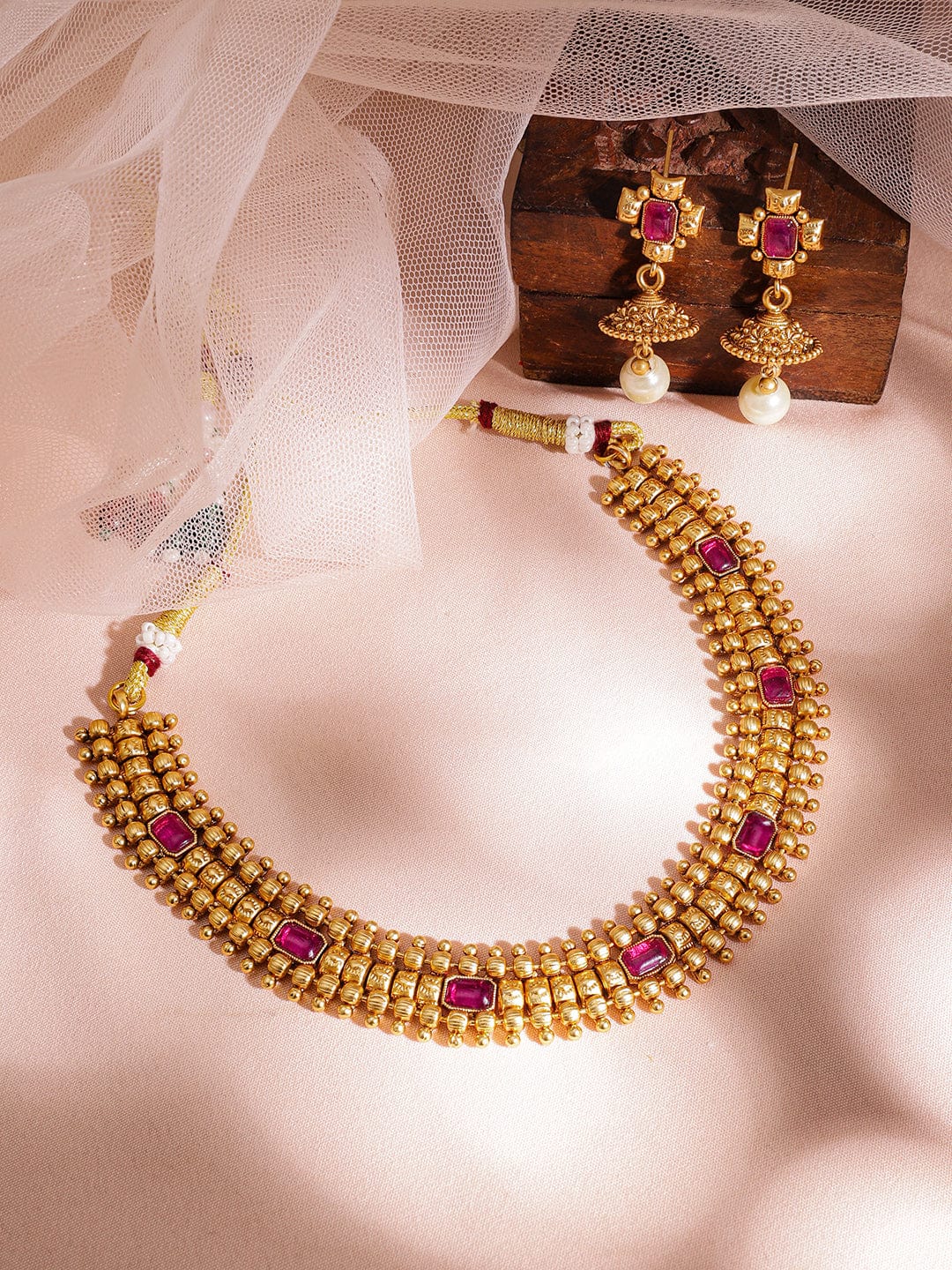 Ruby Studded Golden Necklace Set Gold