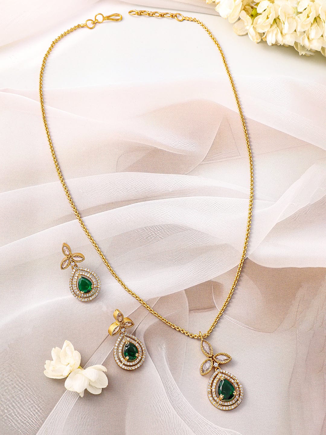 Emerald Green American Diamond Zirconia Necklace Set Gold