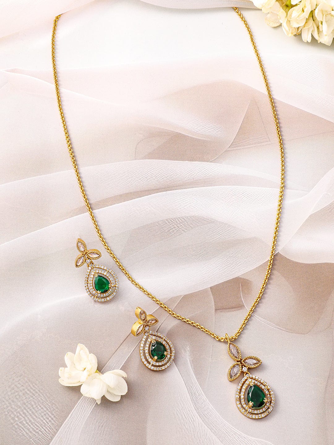 Emerald Green American Diamond Zirconia Necklace Set Gold