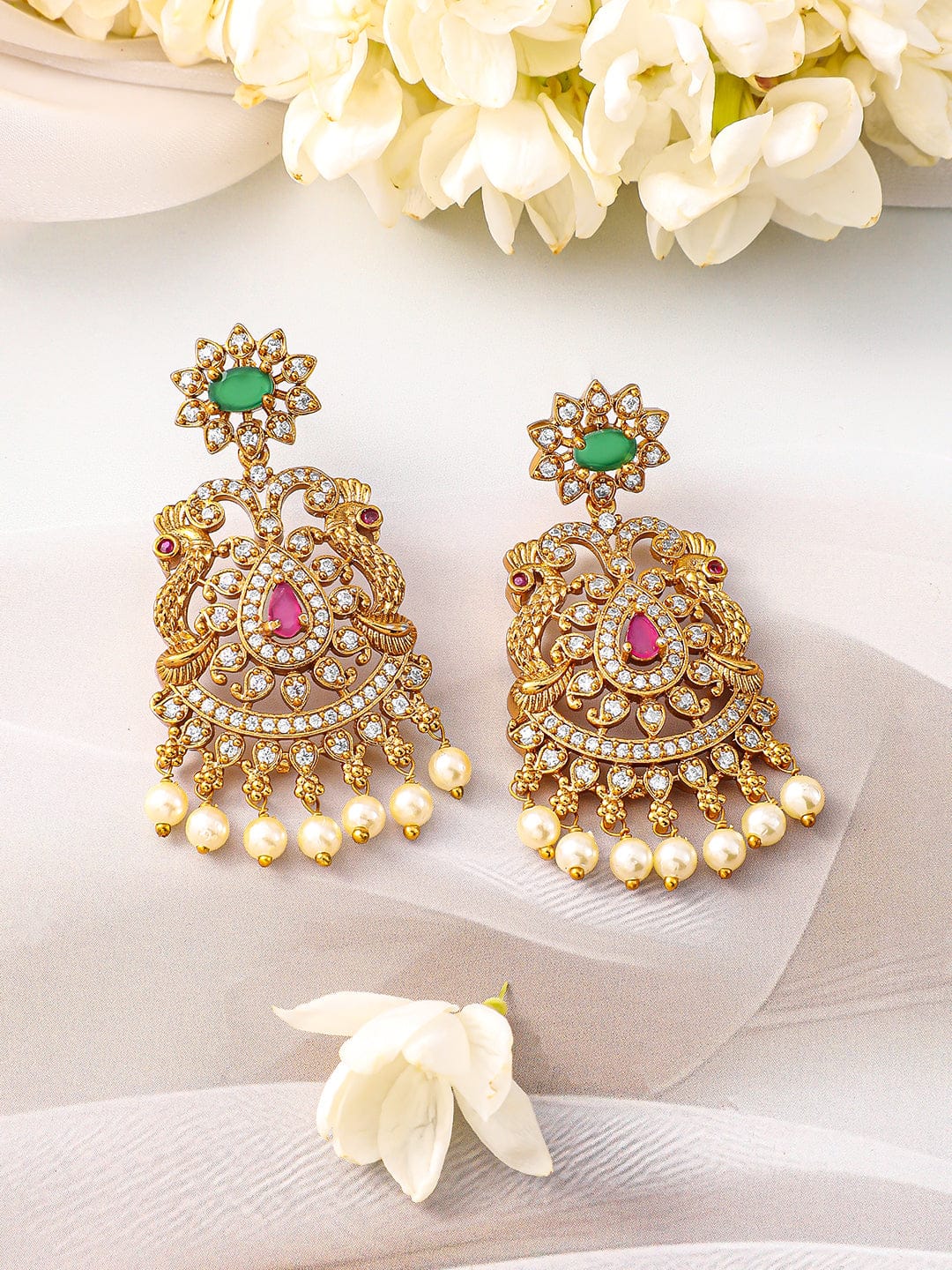 Peacock Motif American Diamond Zirconia Necklace Set Gold