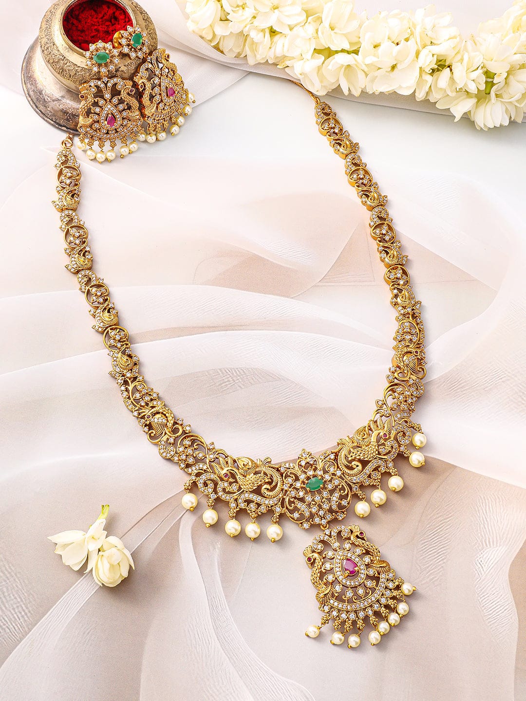 Peacock Motif American Diamond Zirconia Necklace Set Gold