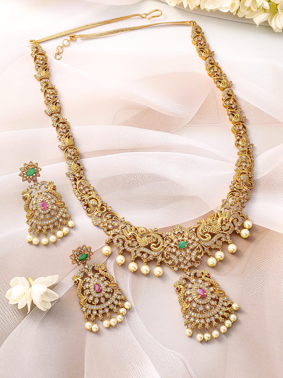 Peacock Motif American Diamond Zirconia Necklace Set Gold