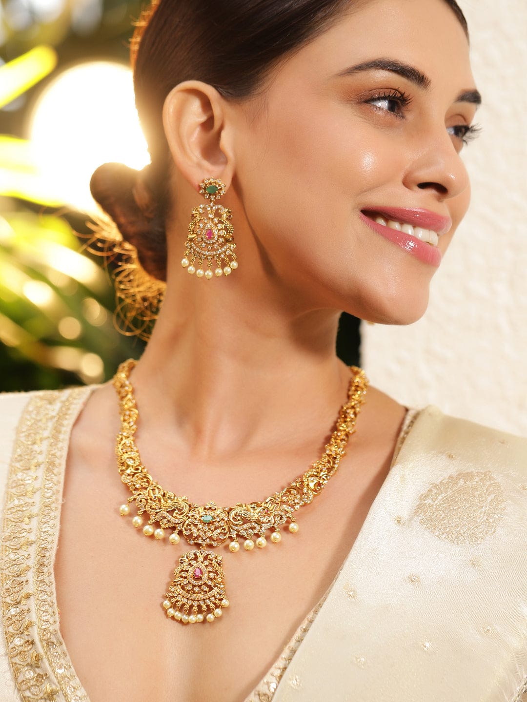 Peacock Motif American Diamond Zirconia Necklace Set Gold