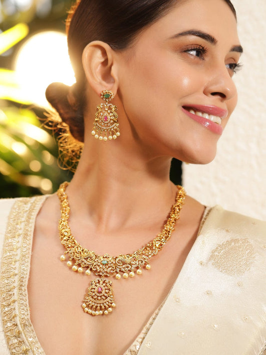 Peacock Motif American Diamond Zirconia Necklace Set Gold