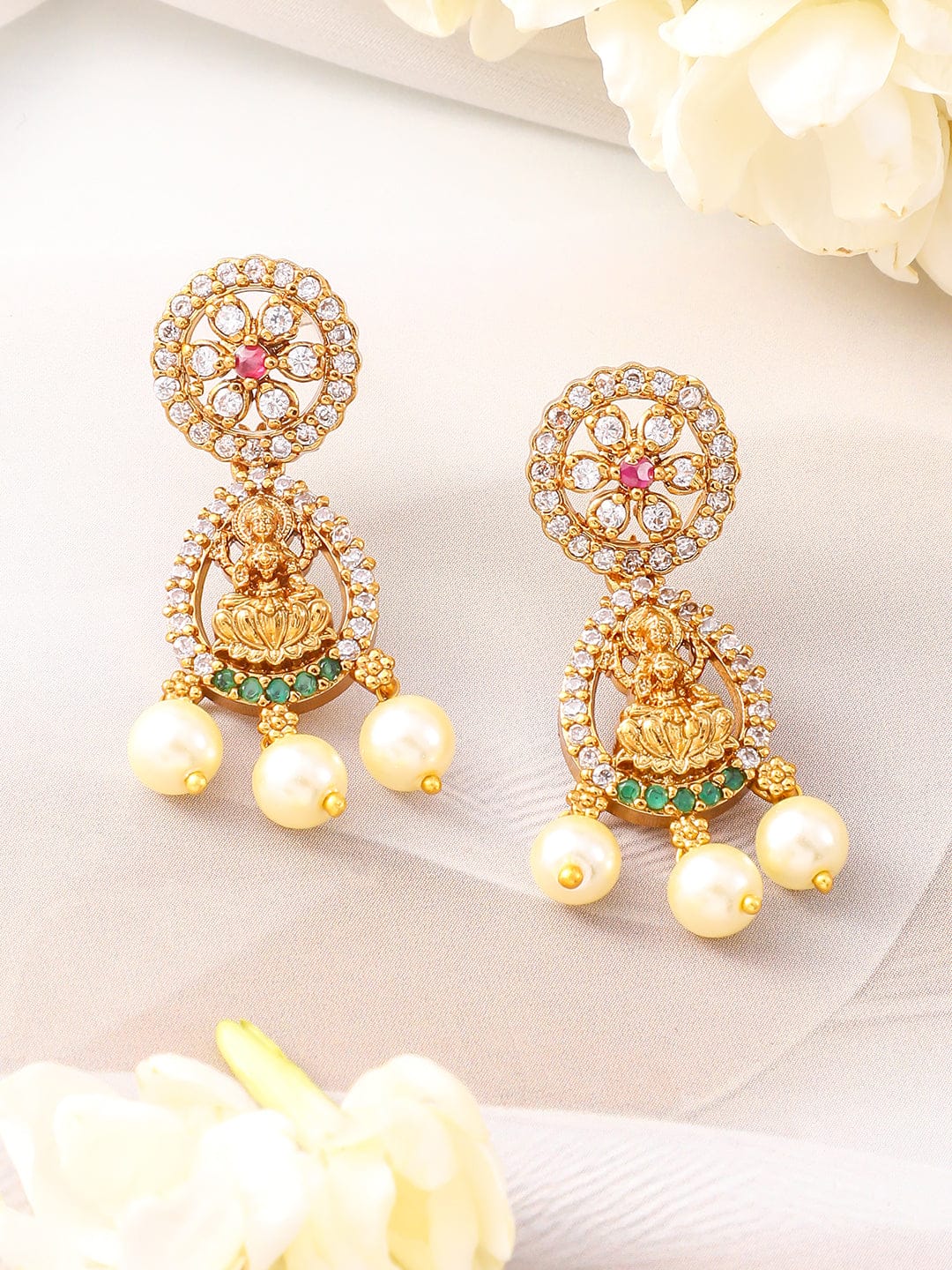 Multicolor Studded Laxmi Motif Pearl Drop Necklace Set Gold
