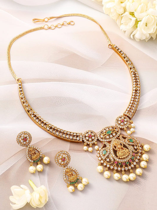 Multicolor Studded Laxmi Motif Pearl Drop Necklace Set Gold