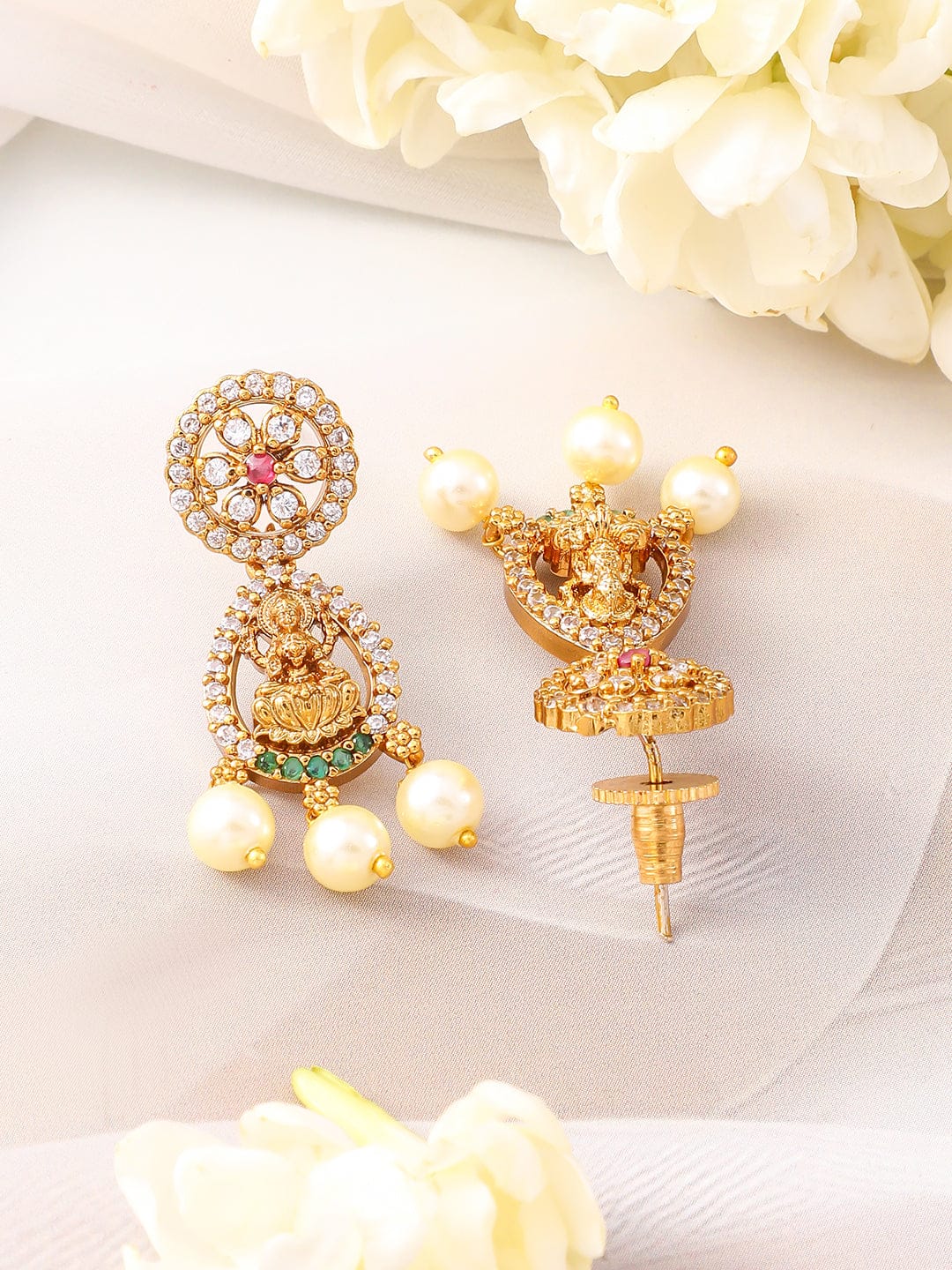Multicolor Studded Laxmi Motif Pearl Drop Necklace Set Gold