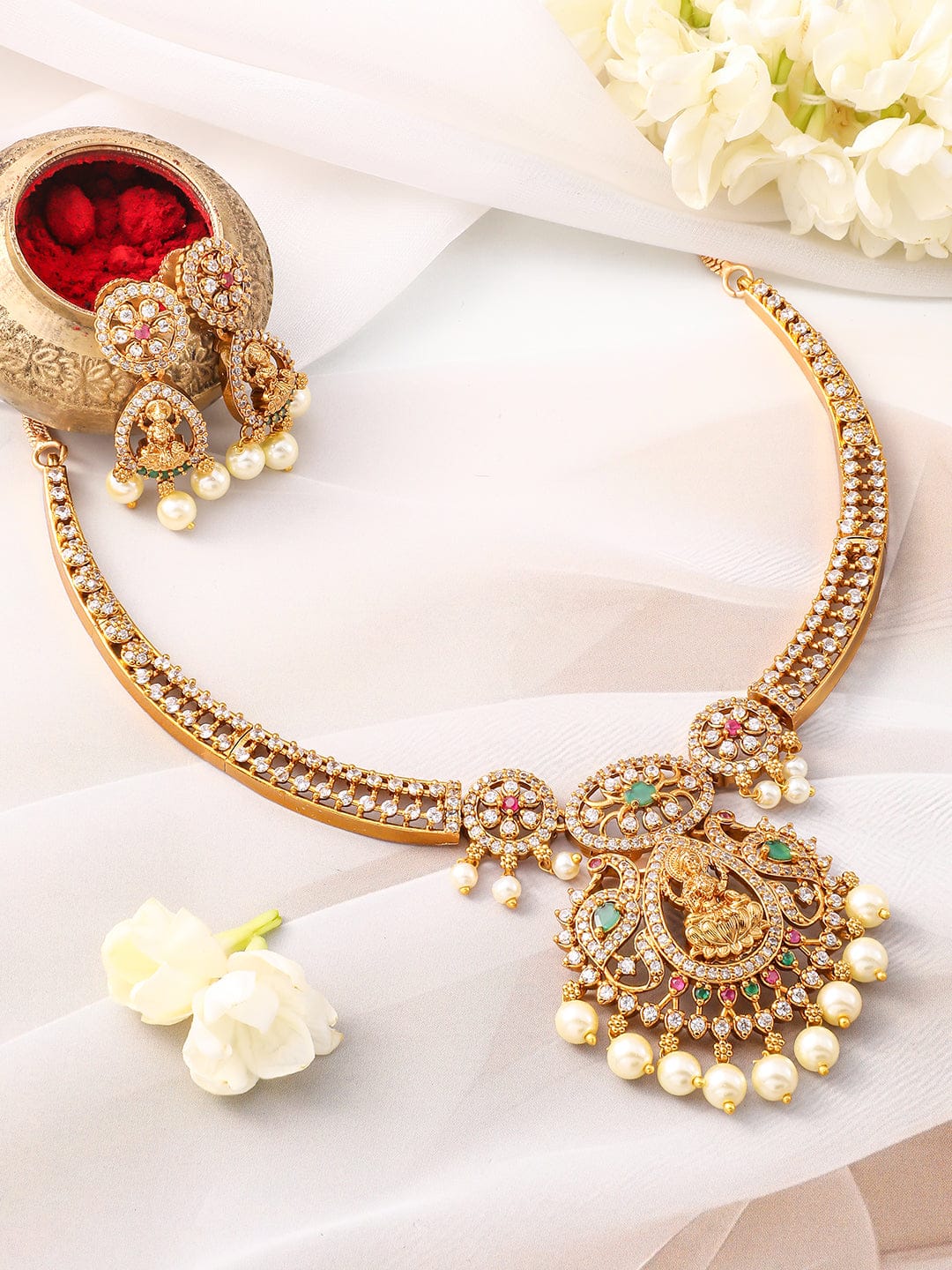 Multicolor Studded Laxmi Motif Pearl Drop Necklace Set Gold