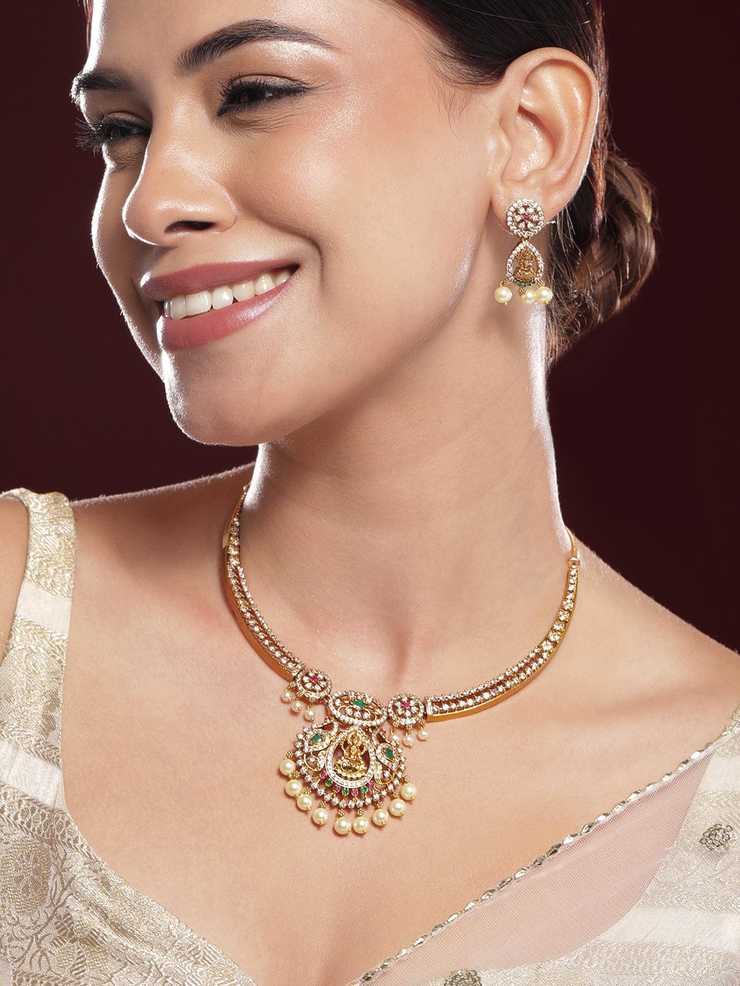 Multicolor Studded Laxmi Motif Pearl Drop Necklace Set Gold