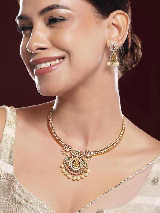 Multicolor Studded Laxmi Motif Pearl Drop Necklace Set Gold