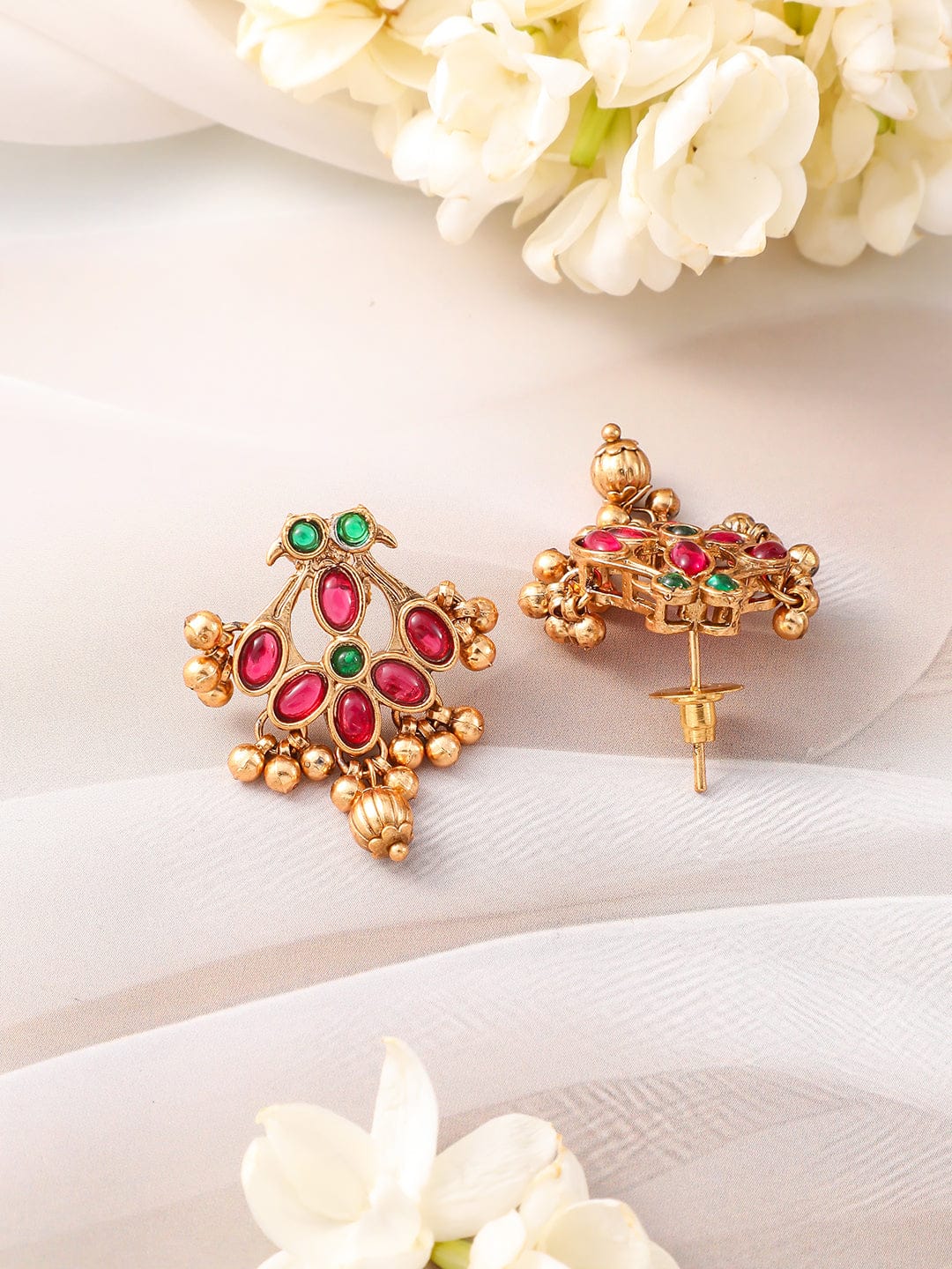 Red & Green Floral Studded Necklace Set Gold