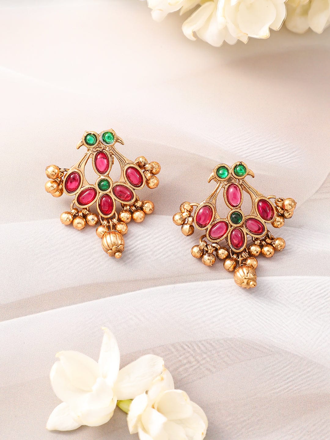 Red & Green Floral Studded Necklace Set Gold