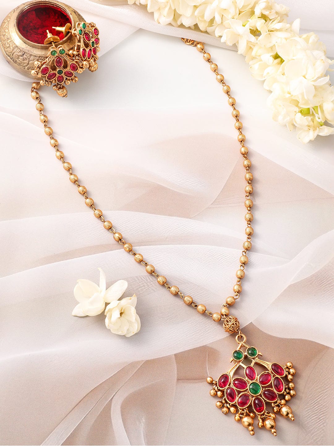 Red & Green Floral Studded Necklace Set Gold