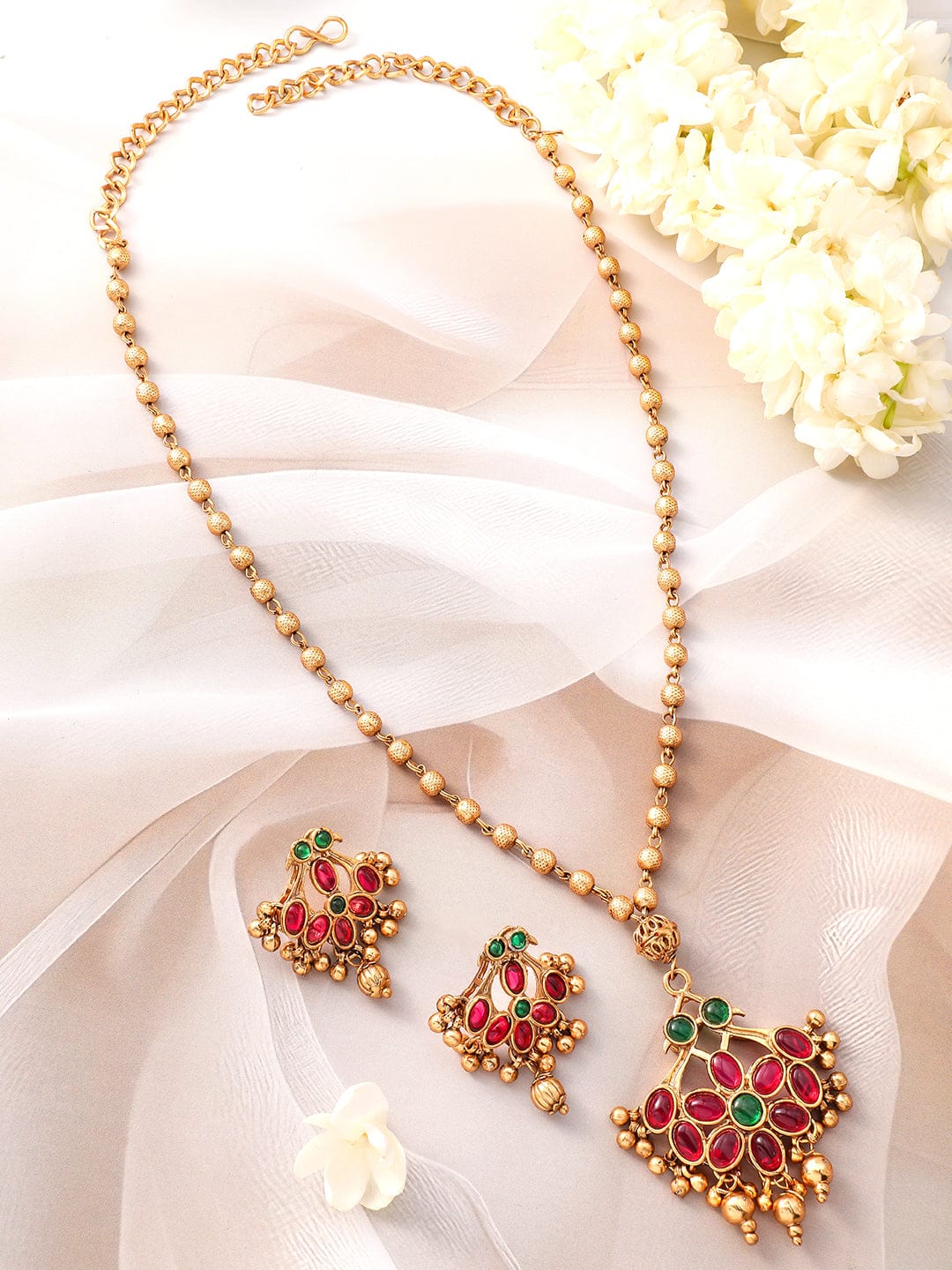 Red & Green Floral Studded Necklace Set Gold
