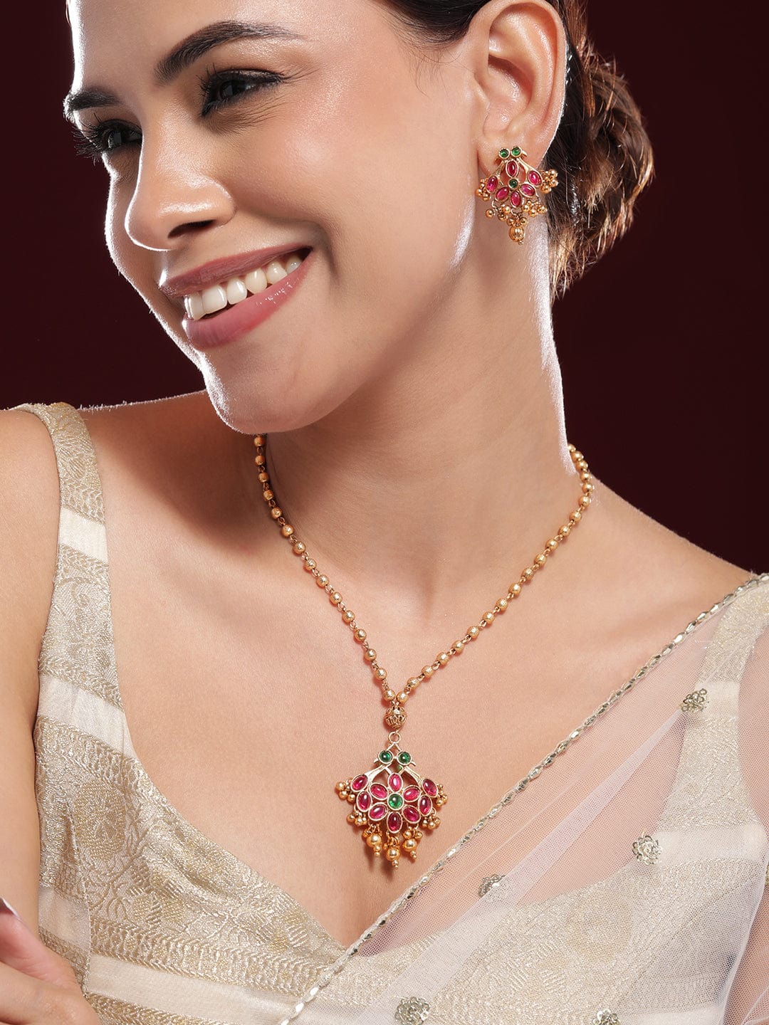 Red & Green Floral Studded Necklace Set Gold