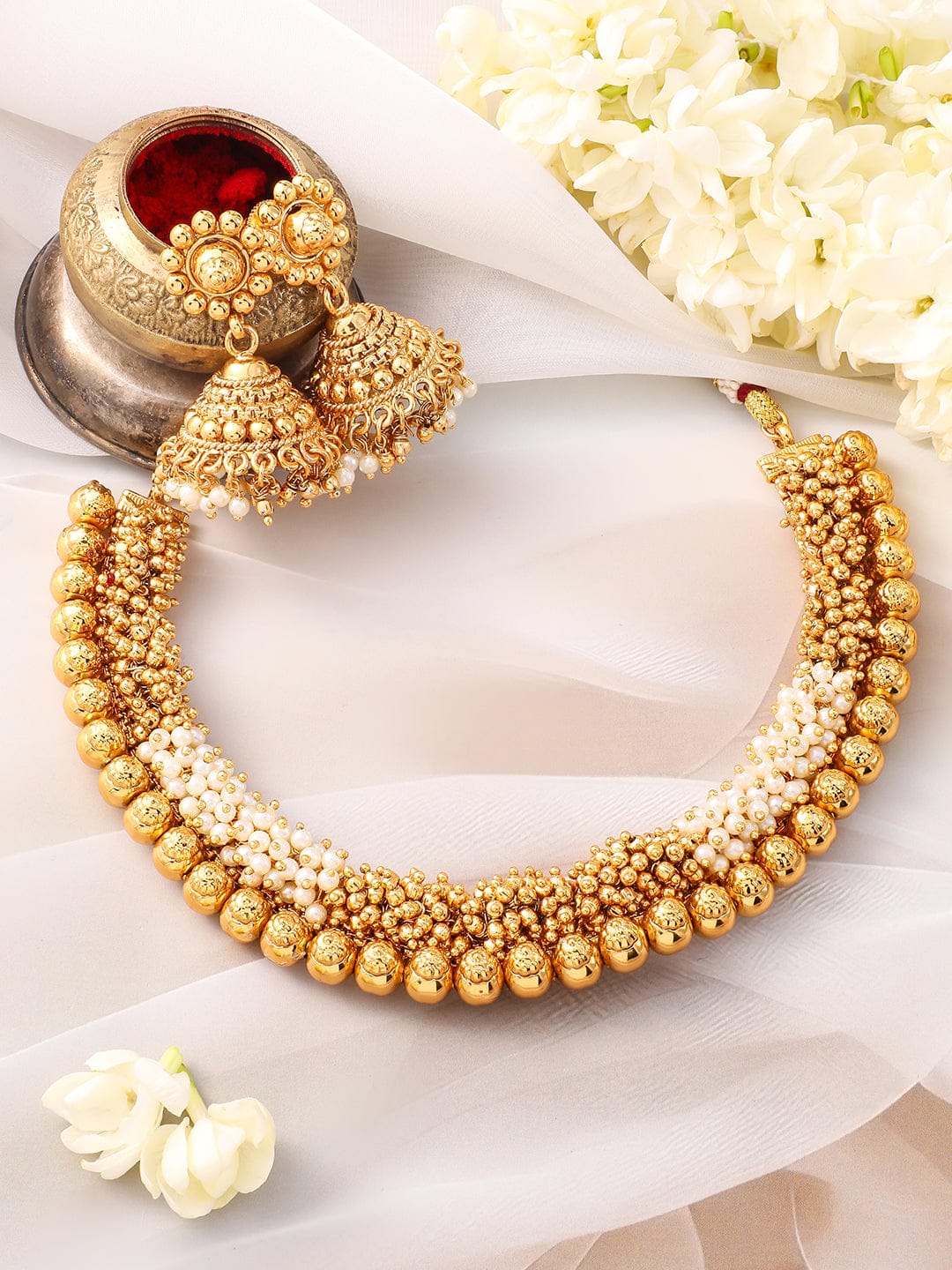 Golden Pearl Beaded Necklace Set Gold