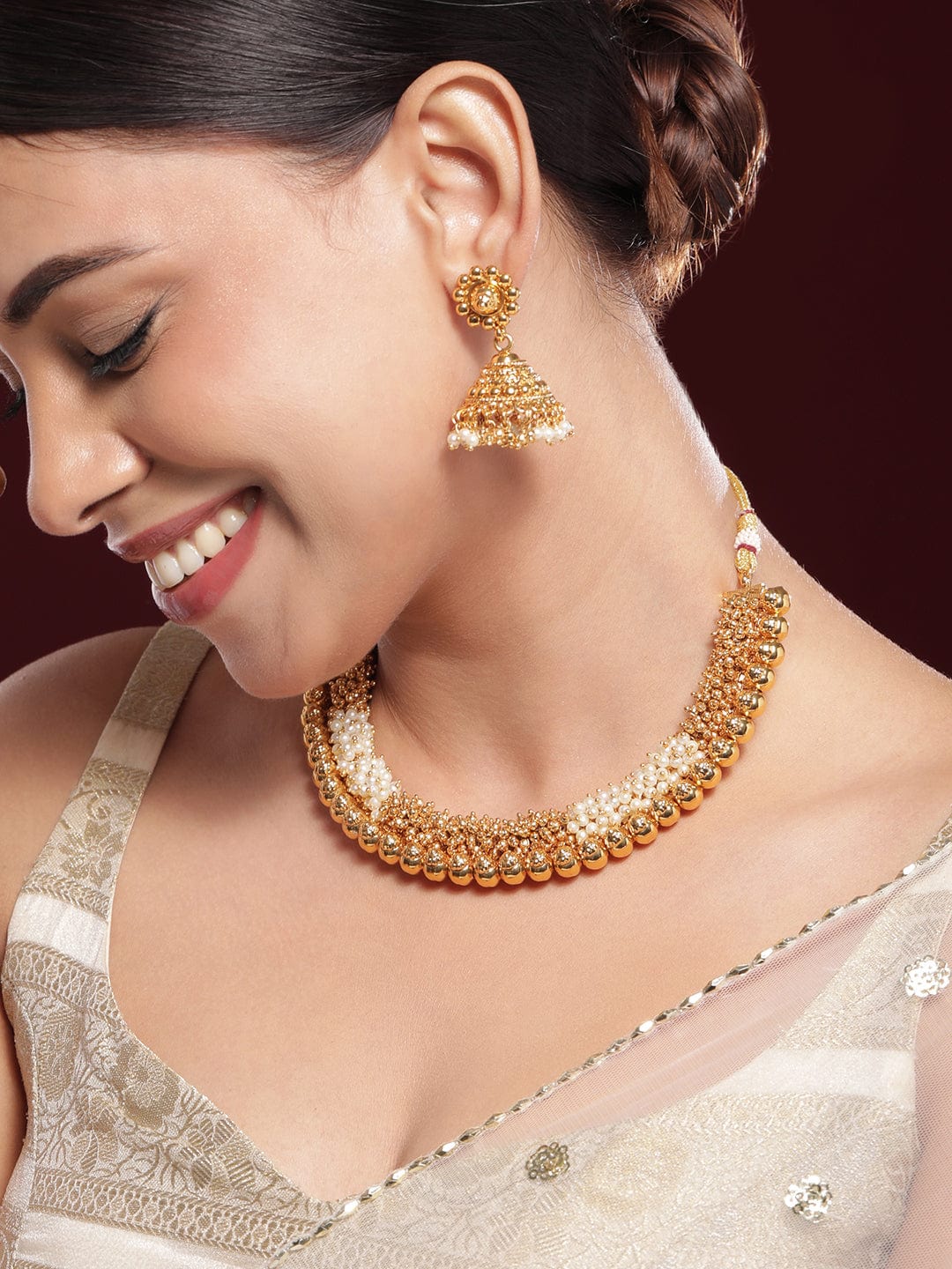 Golden Pearl Beaded Necklace Set Gold